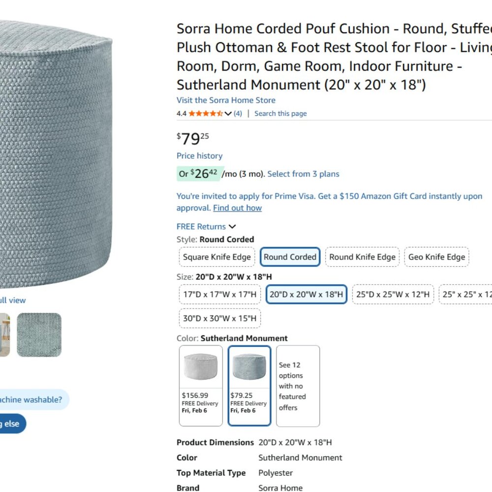 🪷NWOT Sorra Home Corded Pouf Cushion - Sutherland Moment 20x20x18 - Picture 4 of 7